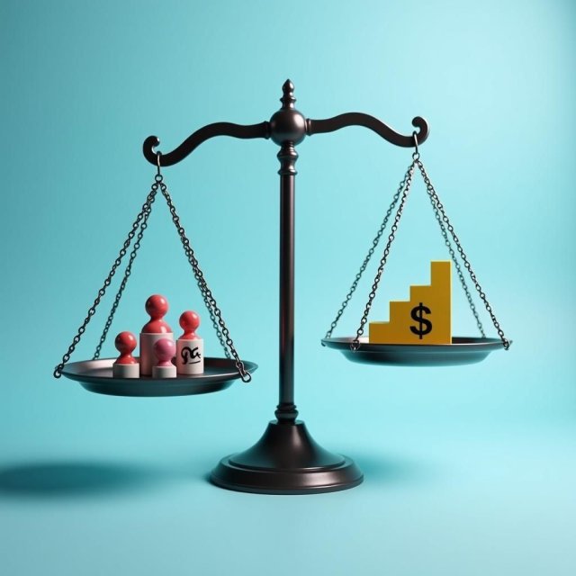 Una balanza de equilibrio con pesos que representan entornos de atención médica y costos.