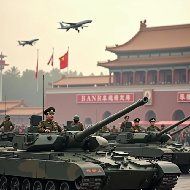 El presidente chino Xi Jinping dirige desfile militar en la Plaza de Tiananmen.