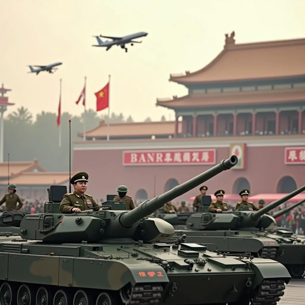 El presidente chino Xi Jinping dirige desfile militar en la Plaza de Tiananmen.