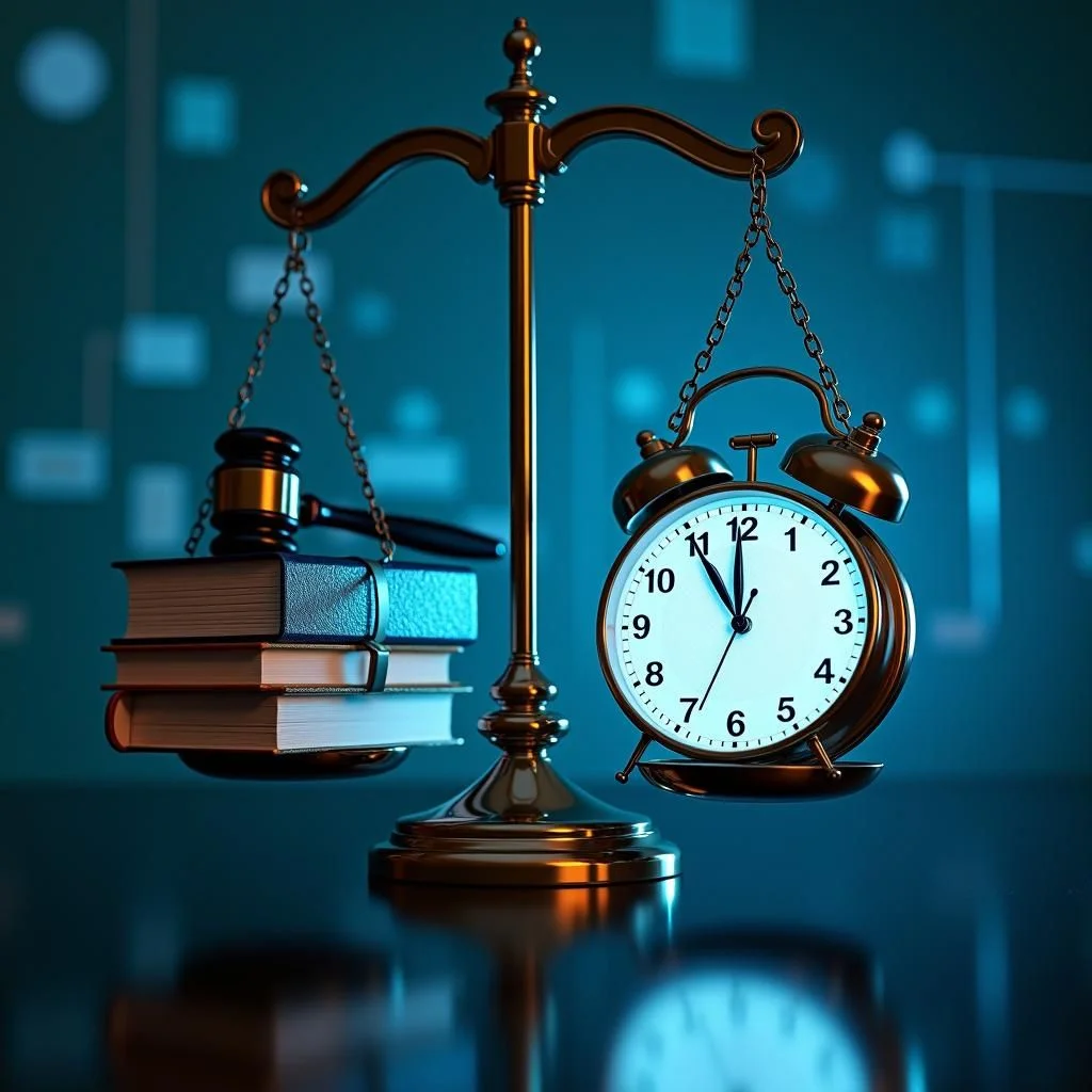 Une balance équilibre des livres de lois dépassés et des interfaces d'intelligence artificielle futuristes.