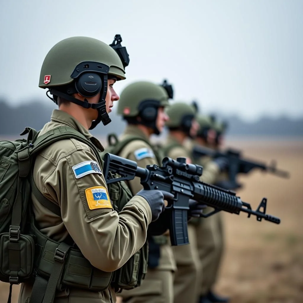 Soldados ucranianos entrenan con contrapartes europeos y muestran equipo militar.