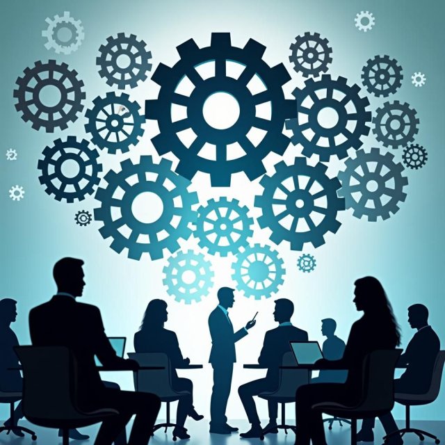 Los humanos y la IA colaboran a través de engranajes interconectados y diversas sesiones de brainstorming.