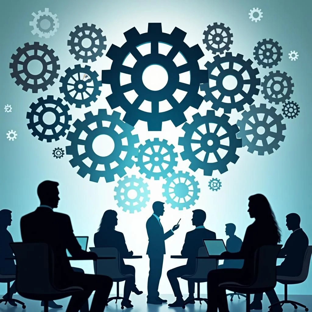 Los humanos y la IA colaboran a través de engranajes interconectados y diversas sesiones de brainstorming.