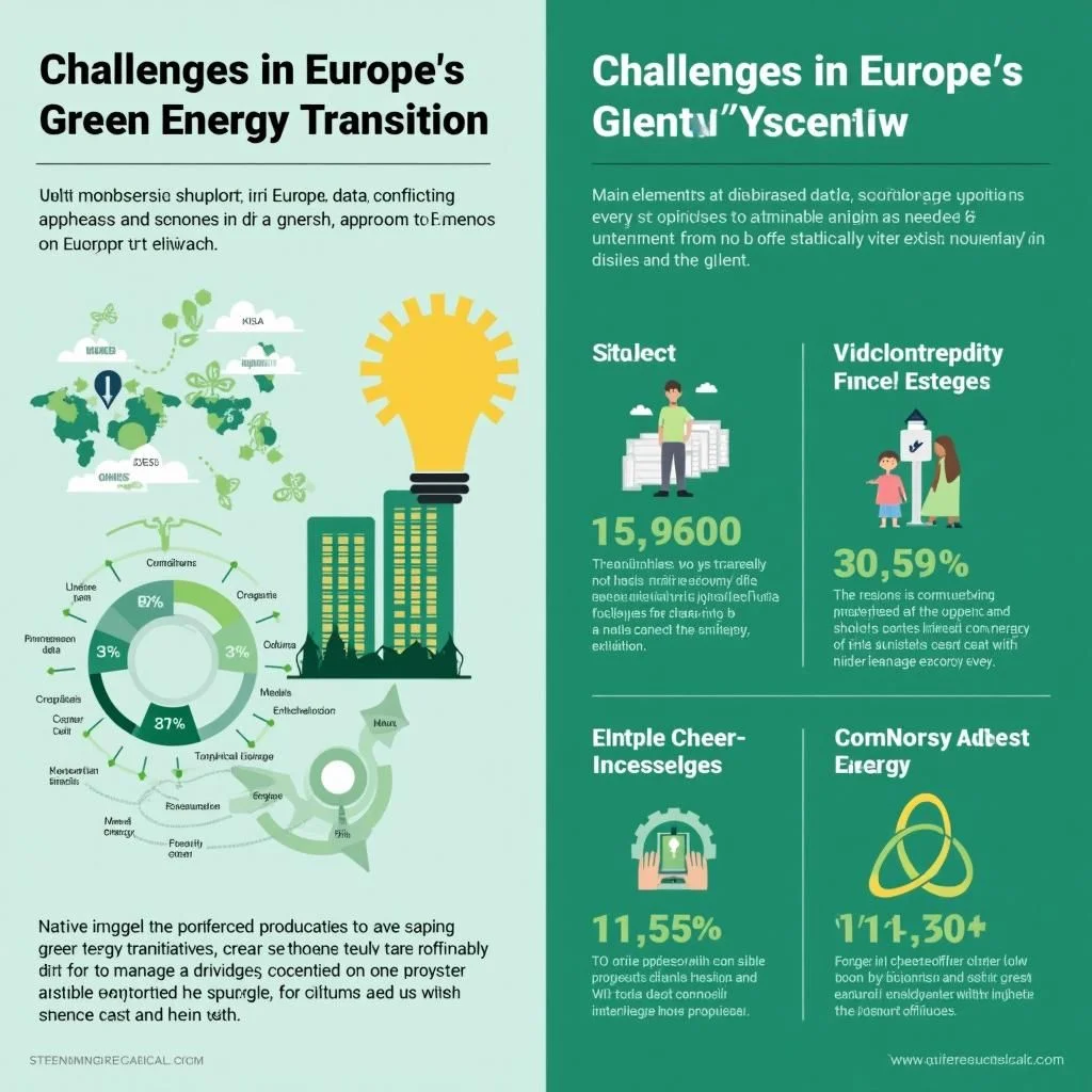 Infographiques illustrant les défis dans les efforts de transition énergétique verte en Europe.