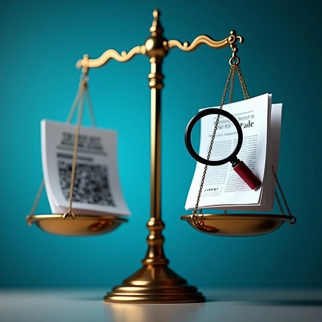 Una balanza de equilibrio con inteligencia artificial y documentos de copyright, destacada transparencia.