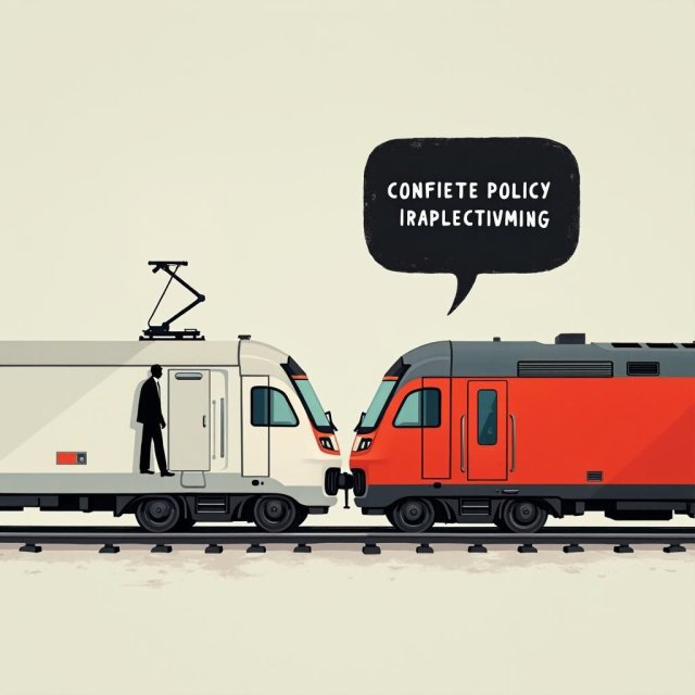 Un tren atascado con una burbuja de diálogo que contiene promesas vagas.