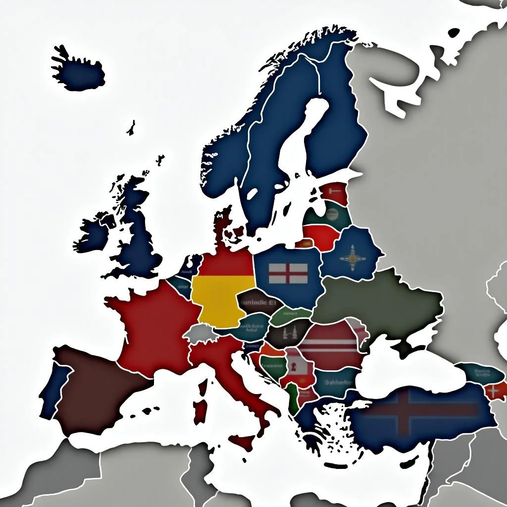 Un mapa de Europa con banderas y una sala de reuniones.