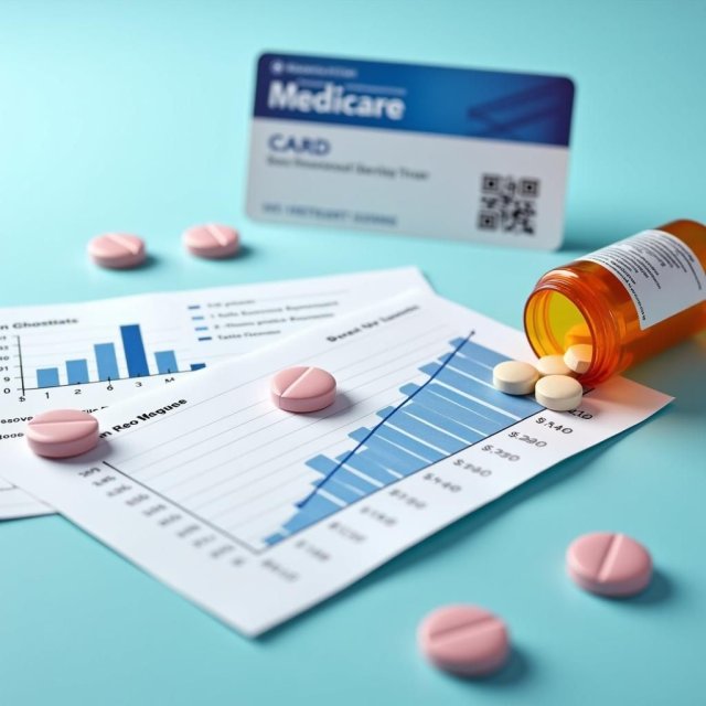 Un gráfico muestra precios y una renta de medicamentos recetados en declive.