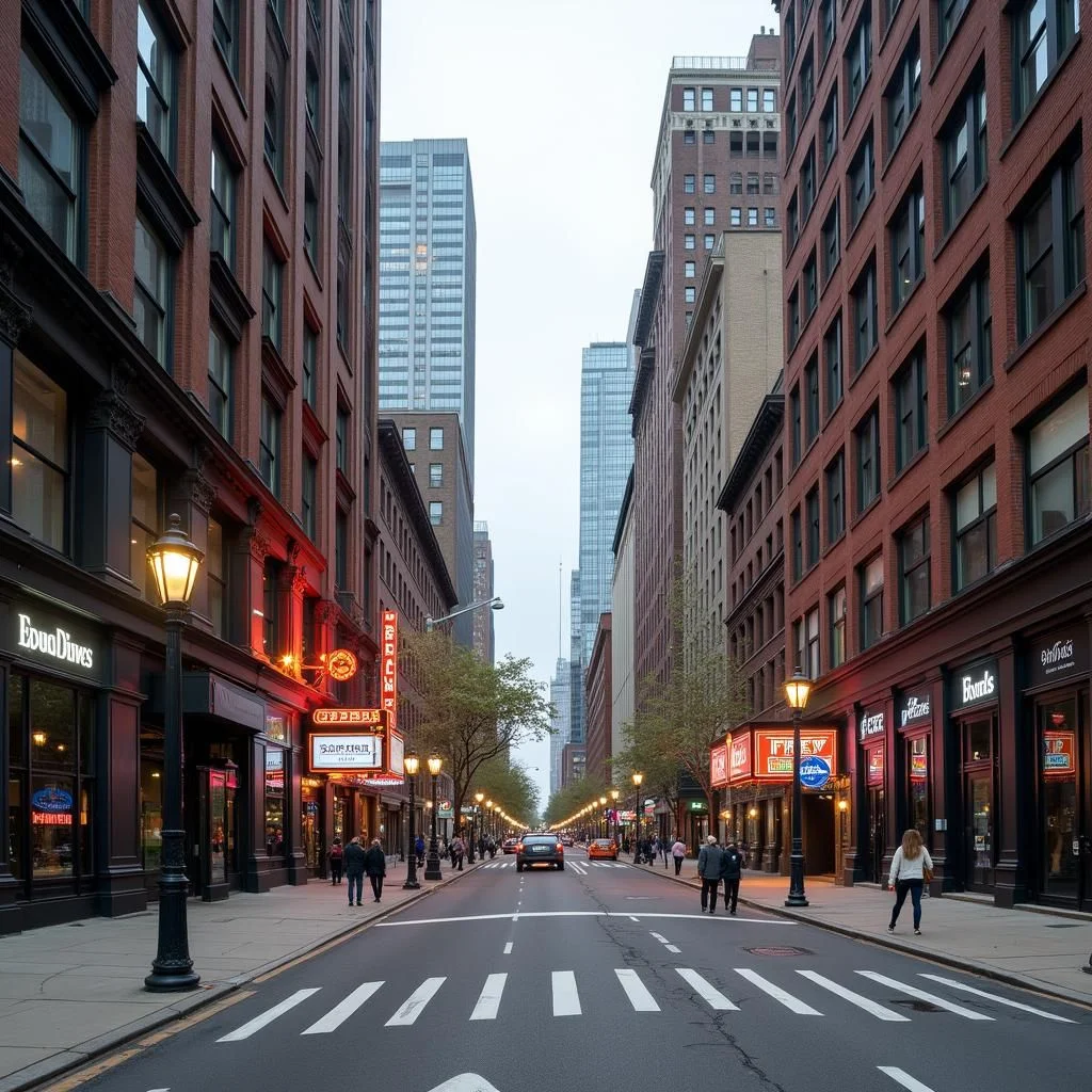 Les immeubles à haut niveau et les logos des entreprises dominent un quartier gentrifié.