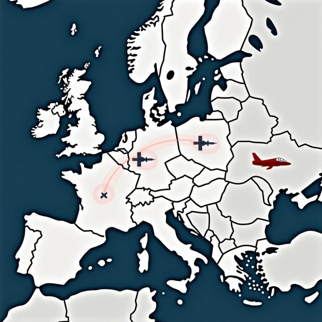 Mapa de Europa mostrando rutas aéreas militares rusas y de la OTAN.