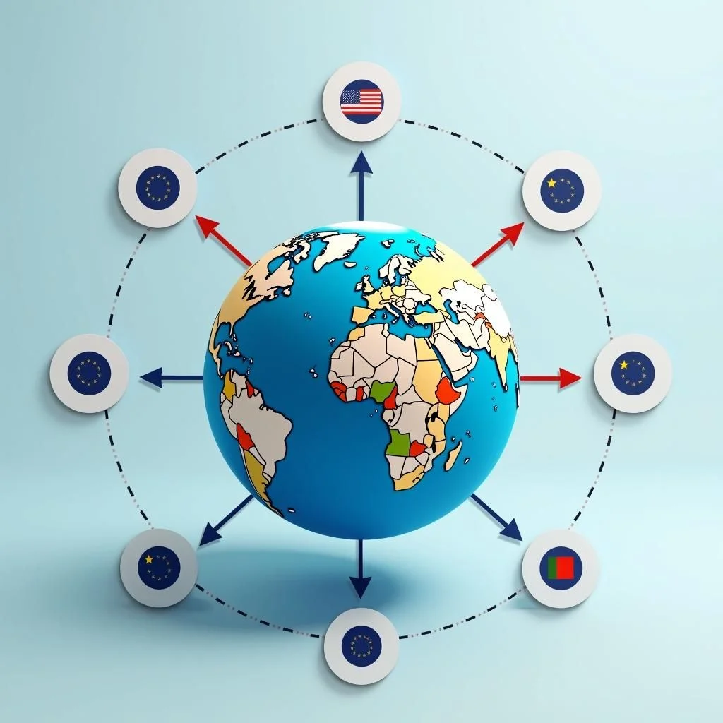 Une globe avec des flèches pointant vers divers partenaires commerciaux internationaux.