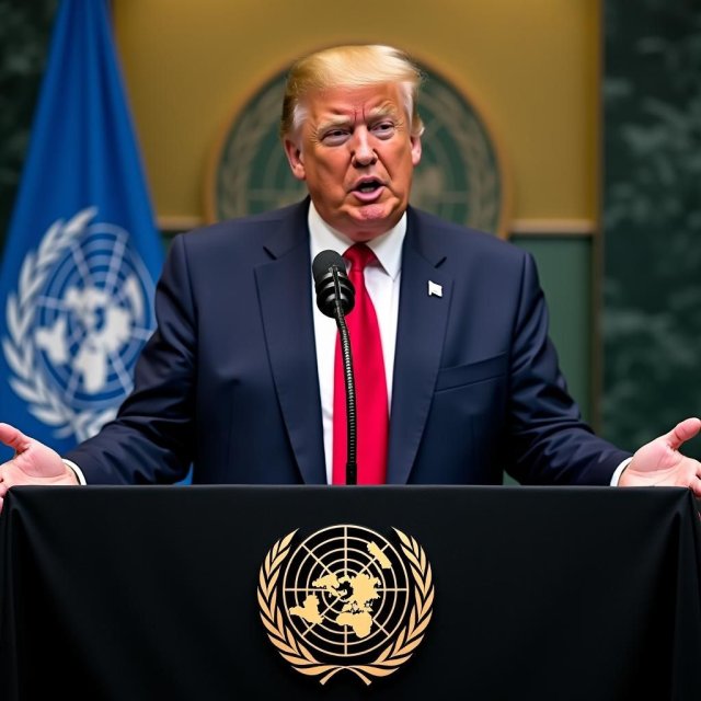 El presidente Trump critica a la ONU desde el podio con imágenes de migrantes.