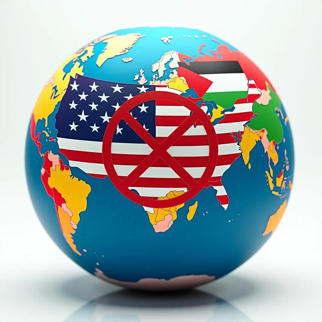 Un globe avec les États-Unis isolés, drapeaux de soutien à la Palestine.
