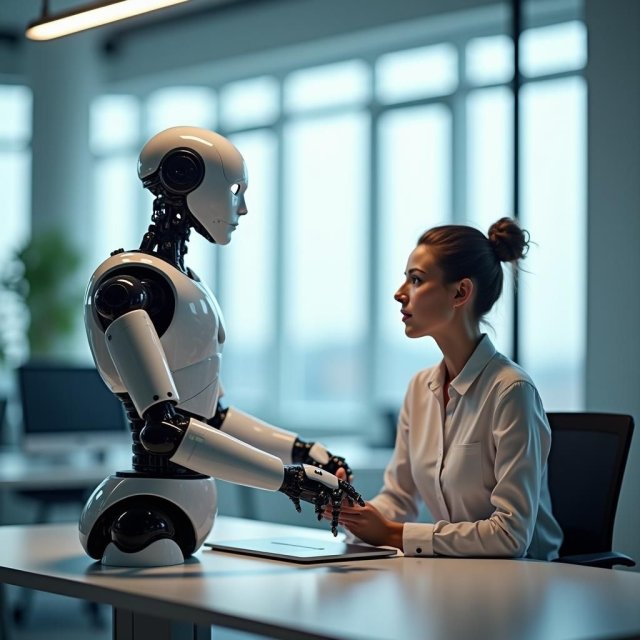 Un humano y un robot trabajan juntos, con datos de desplazamiento laboral.