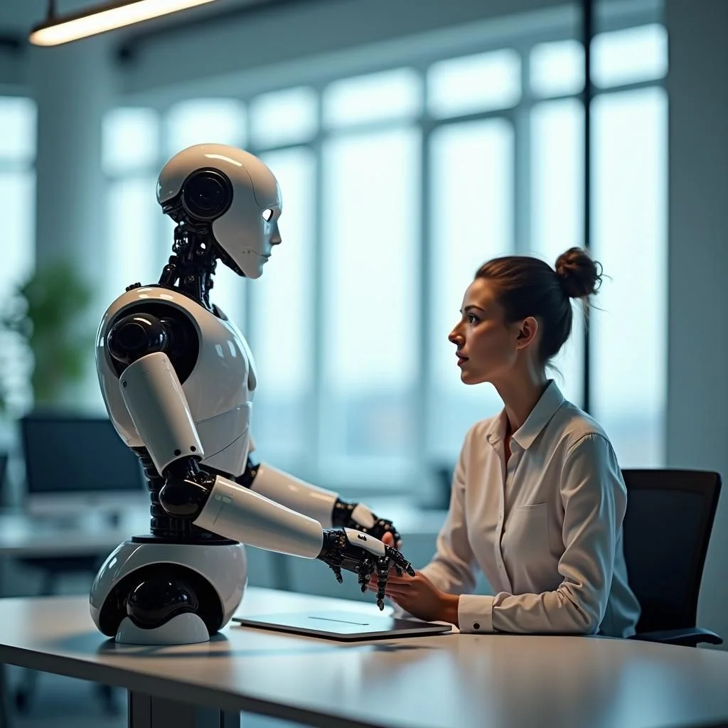 Un humain et un robot travaillent ensemble, avec des données sur le déplacement d'emploi.