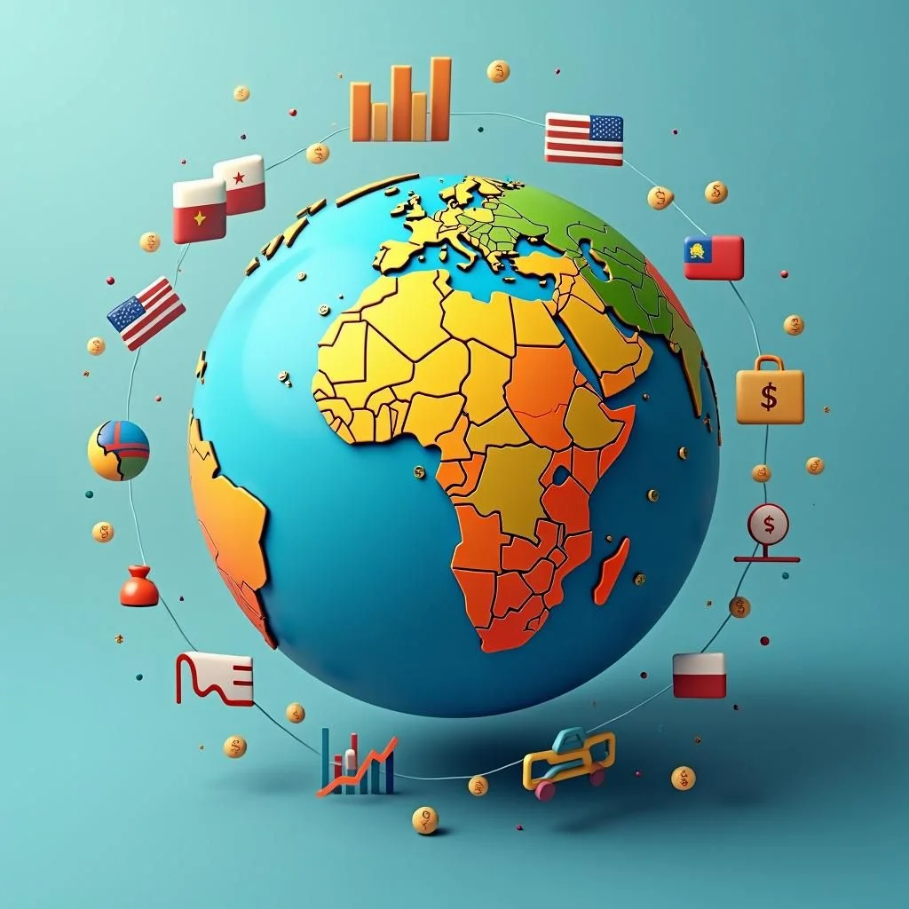Un globe avec l'Afrique en surbrillance, entouré de questions financières et politiques.