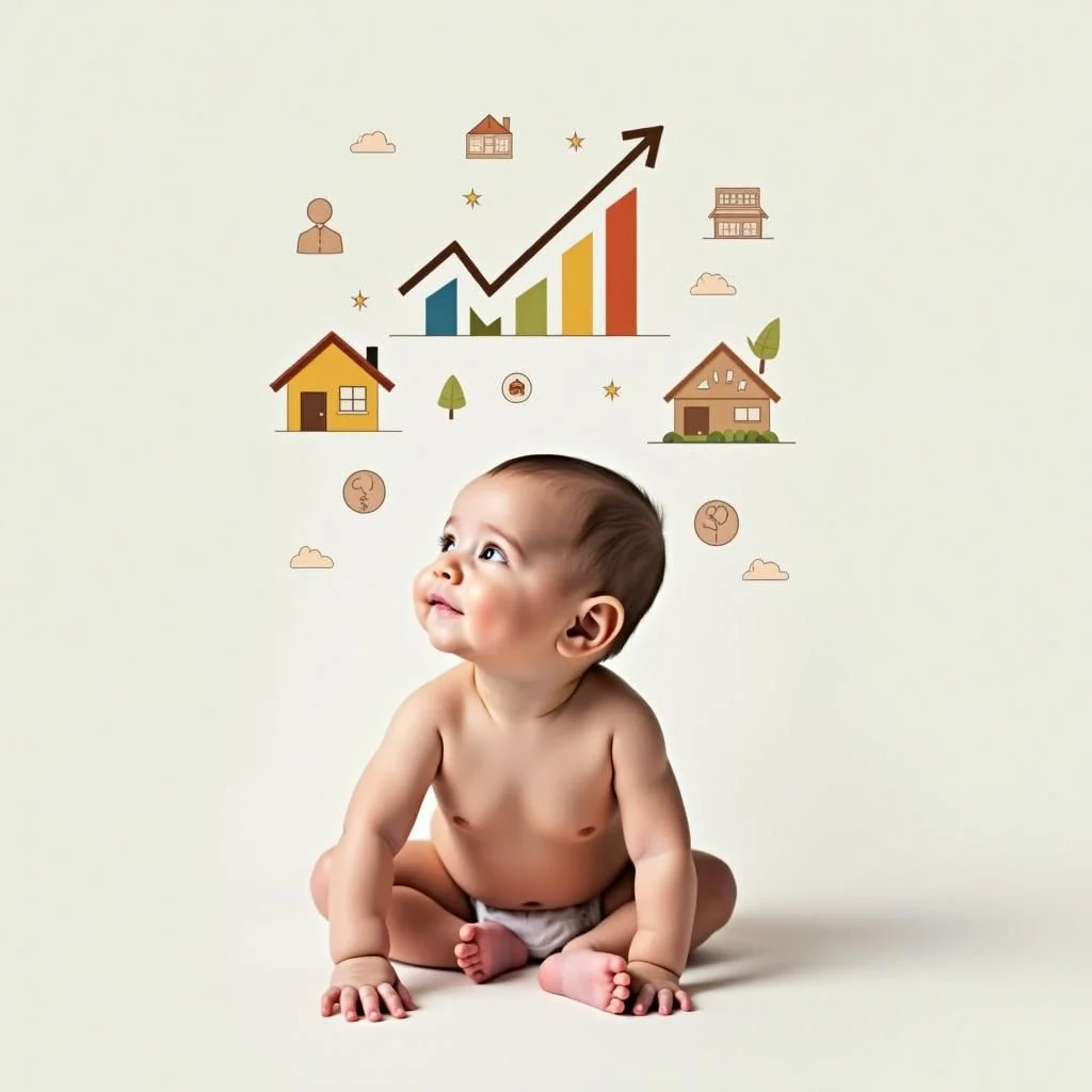 Bambino neonato con conto di risparmio e grafico della distribuzione della ricchezza.