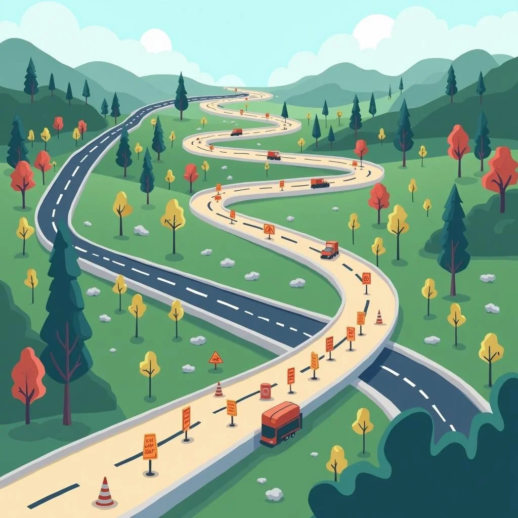 Une route sinueuse avec plusieurs barrages routiers et des retards dus aux travaux de construction.