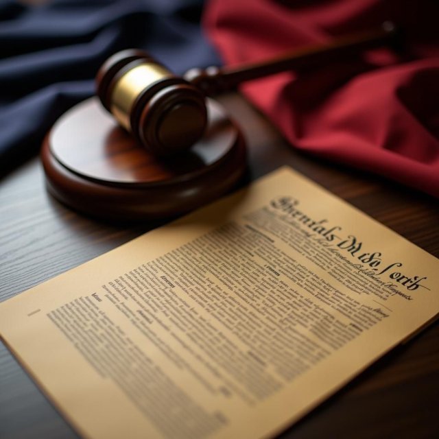 Un martillo, la Constitución de los Estados Unidos y un decreto presidencial en una mesa.