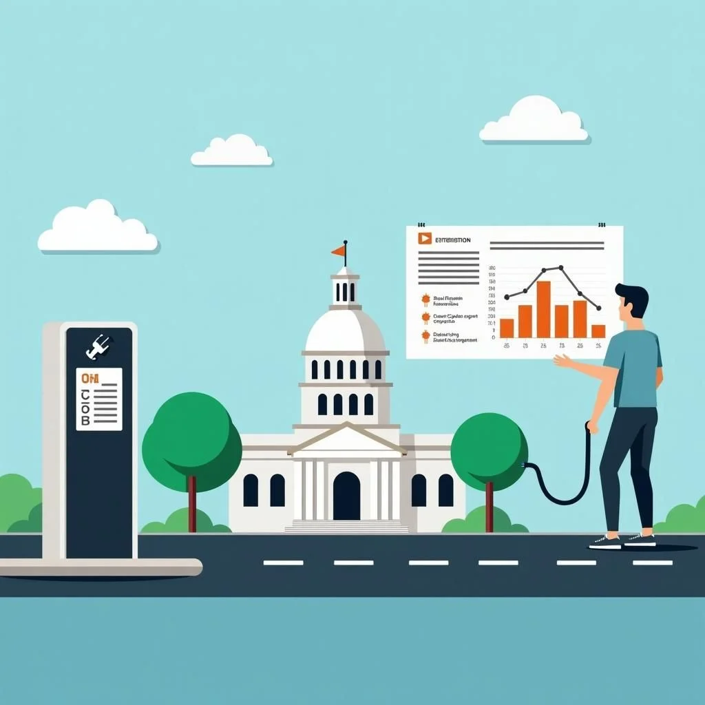 Le bâtiment du capitol étatique avec document législatif et données de recharge en véhicule électrique.