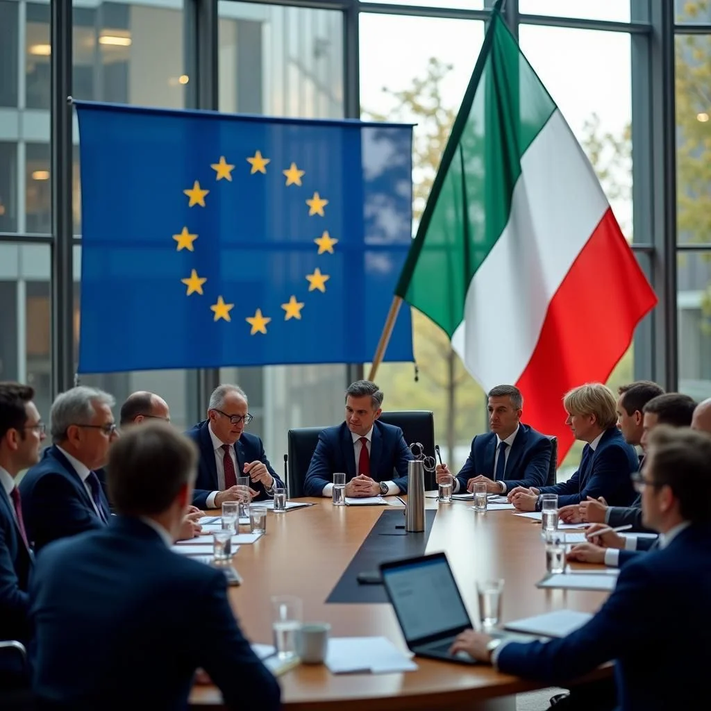 Drapeaux allemand et italien à des scènes de manifestations et de réunions de l'UE.