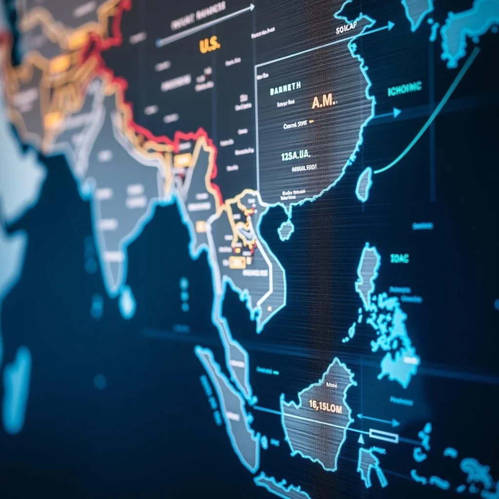 Un mapa de Vietnam y EE.UU. con rutas comerciales.