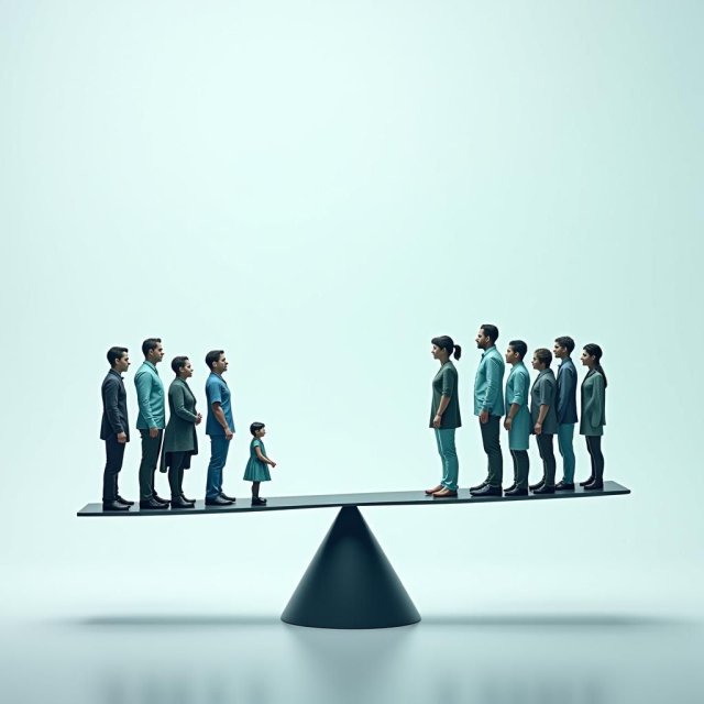 Una balanza de equilibrio con inteligencia artificial y humanos diversos en equilibrio.