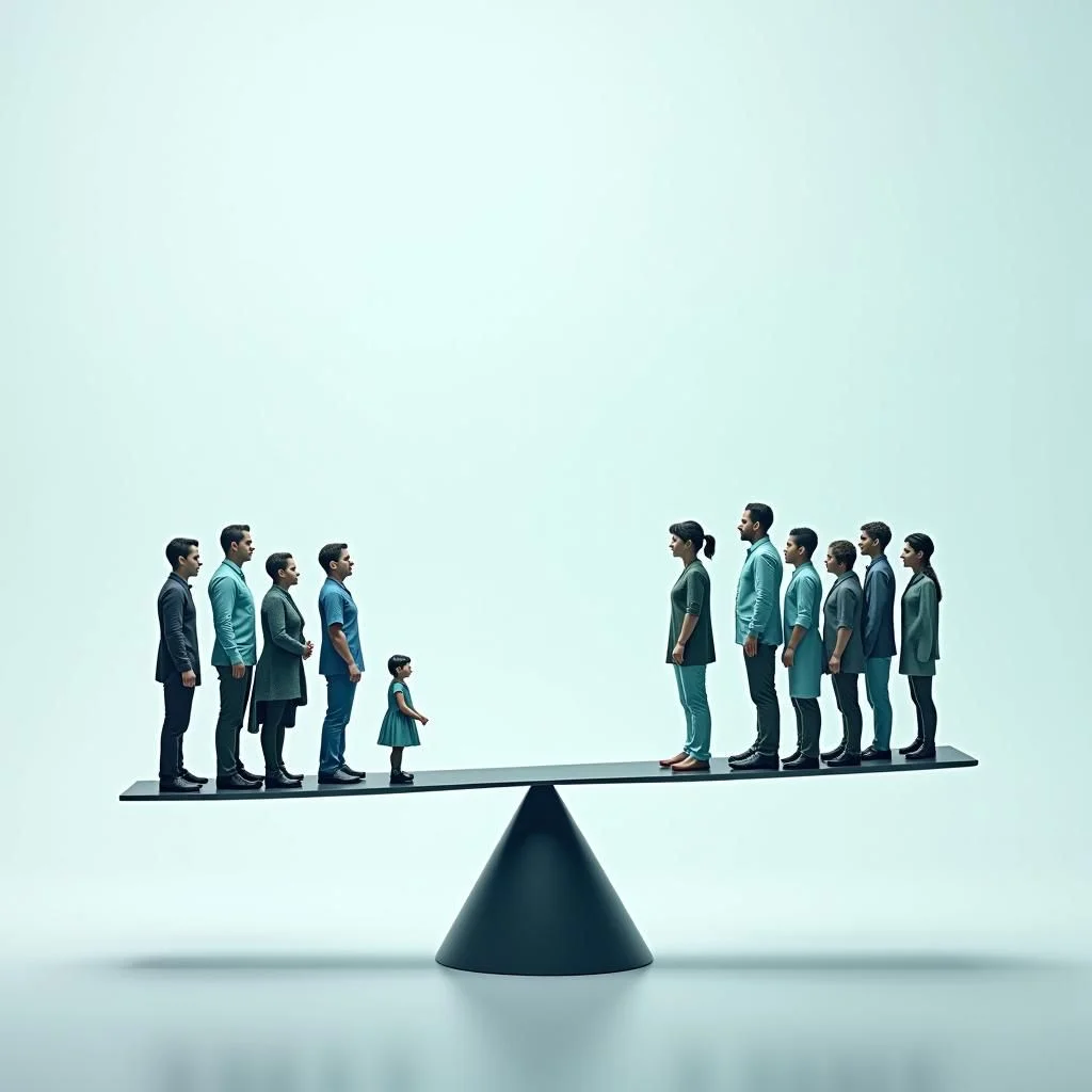 Une balance avec une intelligence artificielle et des humains divers en équilibre.