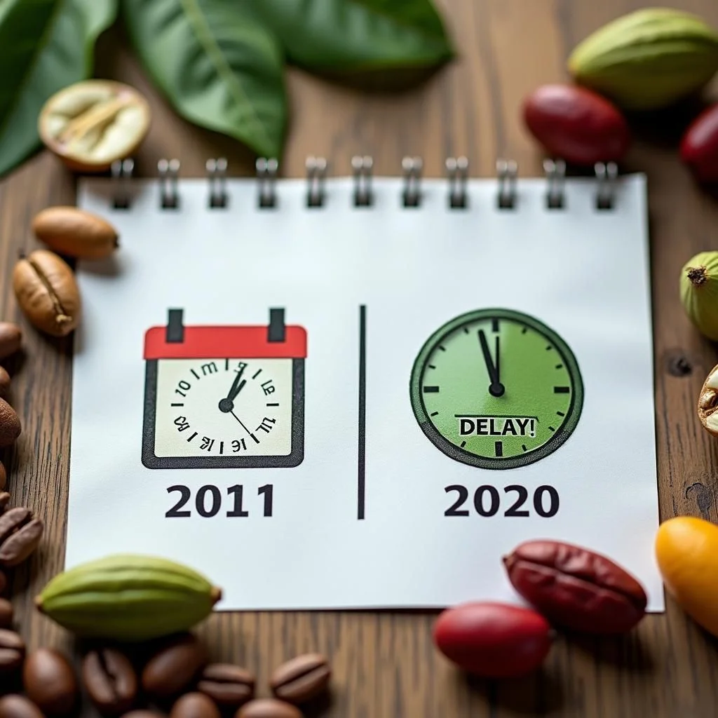 Un calendrier met en avant le délai 2020 avec du café et du cacao retardés.