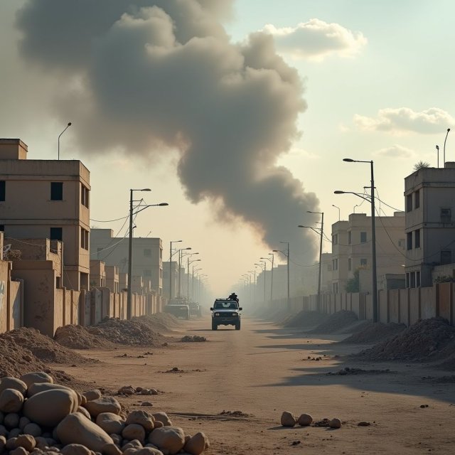 Edificios bombardeados y vehículos militares en medio de zonas de conflicto cubiertas de humo.