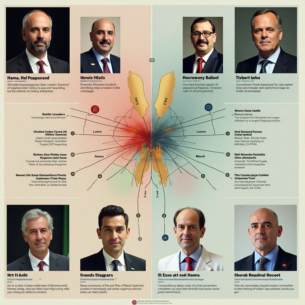 Lideres de Hamas, funcionarios israelíes y mapas de territorios disputados.