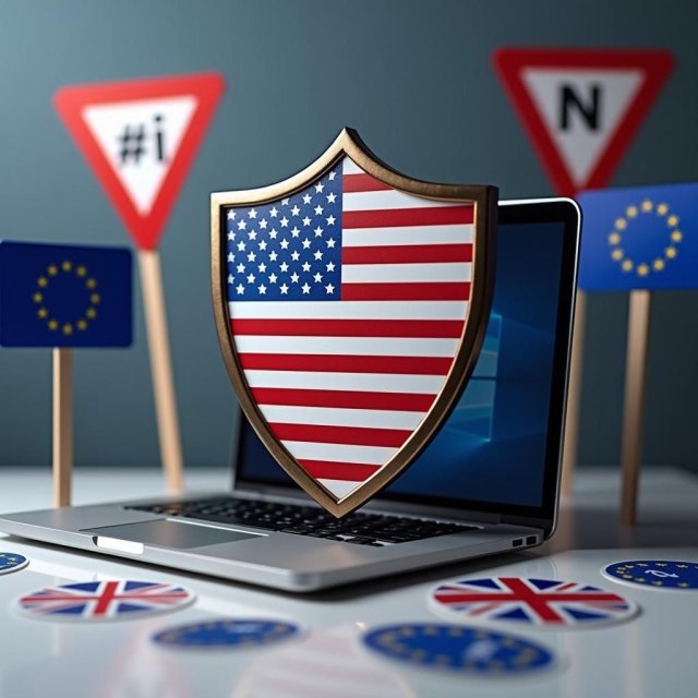 Un escudo protege una laptop con banderas estadounidenses y aranceles.