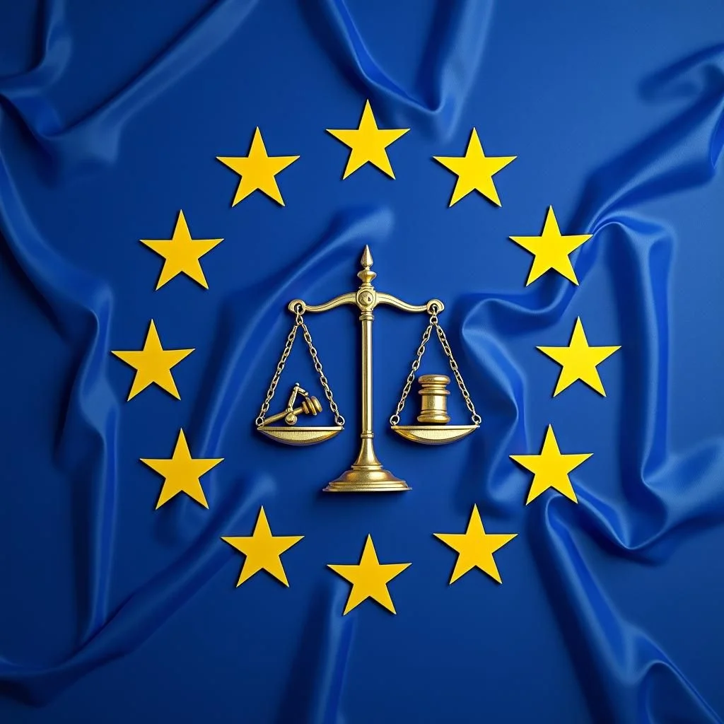 Le drapeau de l'UE avec des symboles de la responsabilité numérique et de la justice.