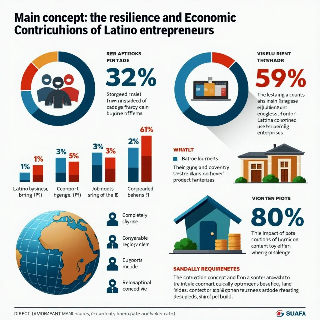 Los gráficos e imágenes destacan el crecimiento de los negocios latinos y su impacto económico.