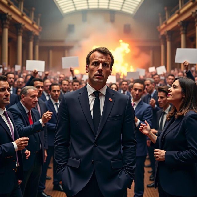El parlamento francés en caos con legisladores que protestan y Macron.