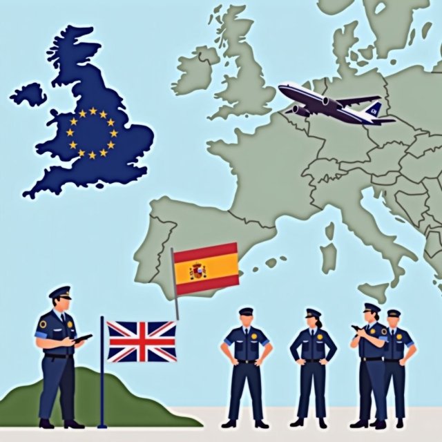 Mapa de Gibraltar con la bandera de la UE y patrullas fronterizas conjuntas.