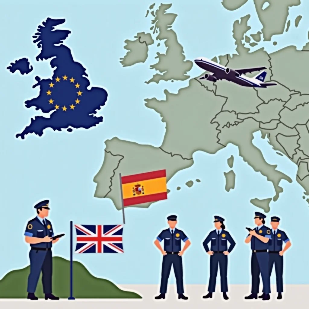 Mapa de Gibraltar con la bandera de la UE y patrullas fronterizas conjuntas.
