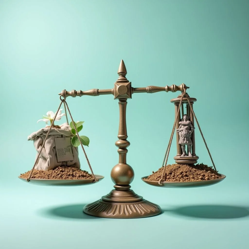 Una balanza de equilibrio con infraestructura y ayuda a la salud.