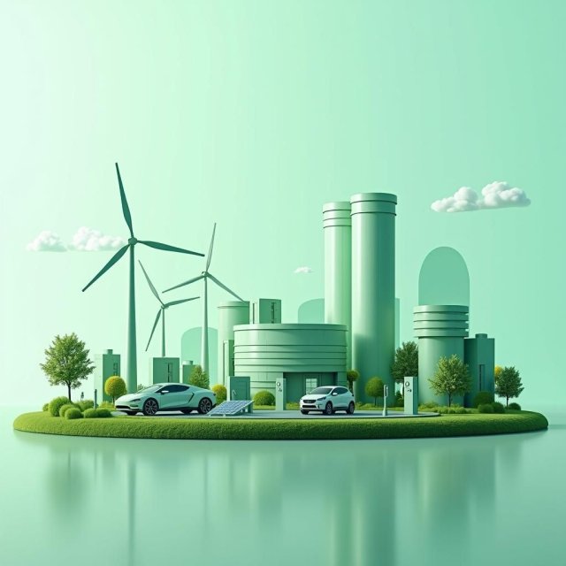 Infraestructura de energía renovable y instalaciones de tecnología verde en funcionamiento.