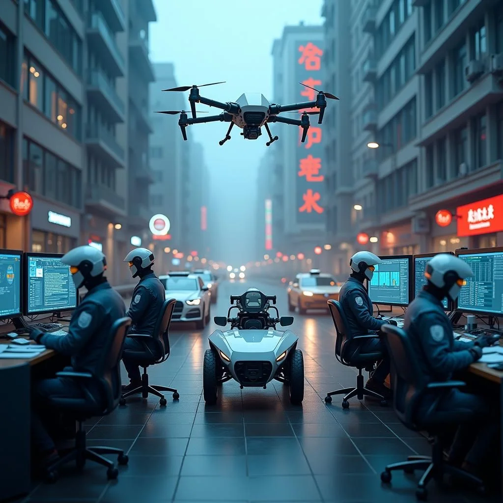 Sistemas de inteligencia artificial avanzados integrados en centros de mando de la policía moderna.