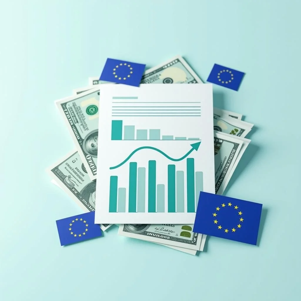 El gráfico muestra la expansión de la finanza sostenible de la UE en declive con banderas.