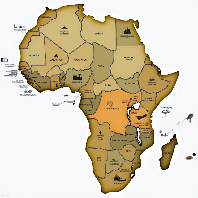 Mapa de África destacando países ricos en minerales y cadenas de suministro.
