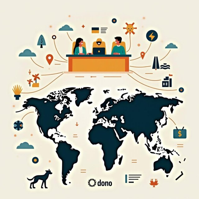 Un globo con líneas interconectadas y representantes globales diversos.