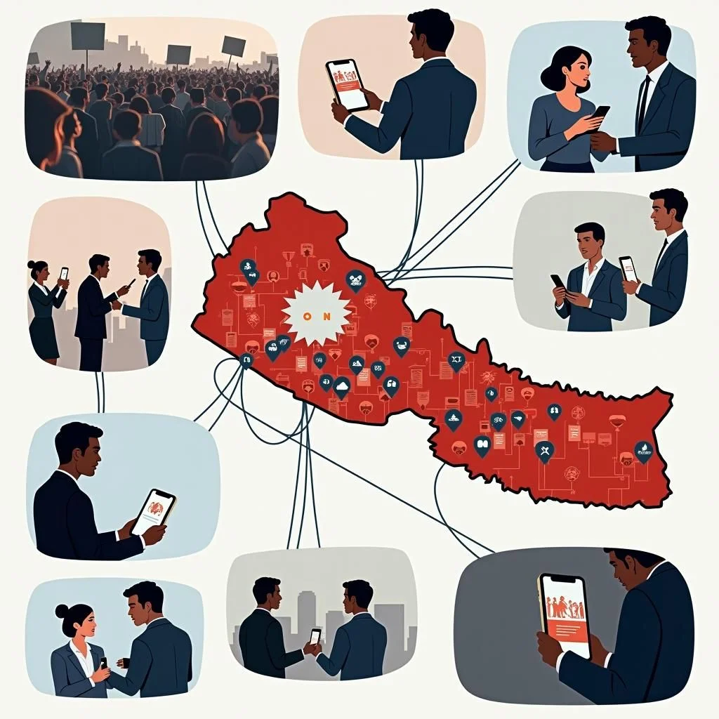 Capturas de pantalla de chats de Discord y protestas utilizando smartphones en Nepal.