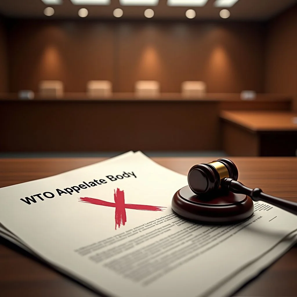 Un martillo de justicia yace sobre una mesa en un tribunal vacío.
