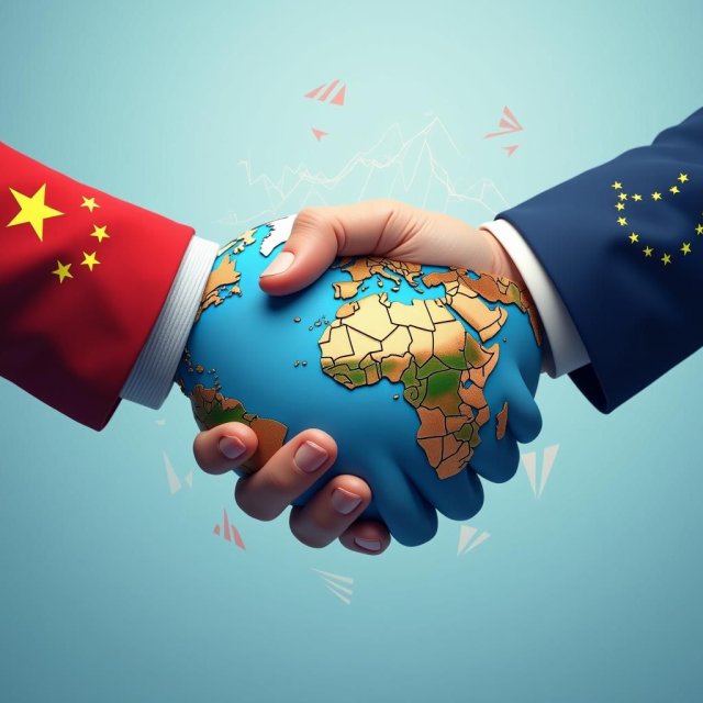 Las banderas de la UE y China se estrechan la mano en medio de una disminución de las emisiones globales.