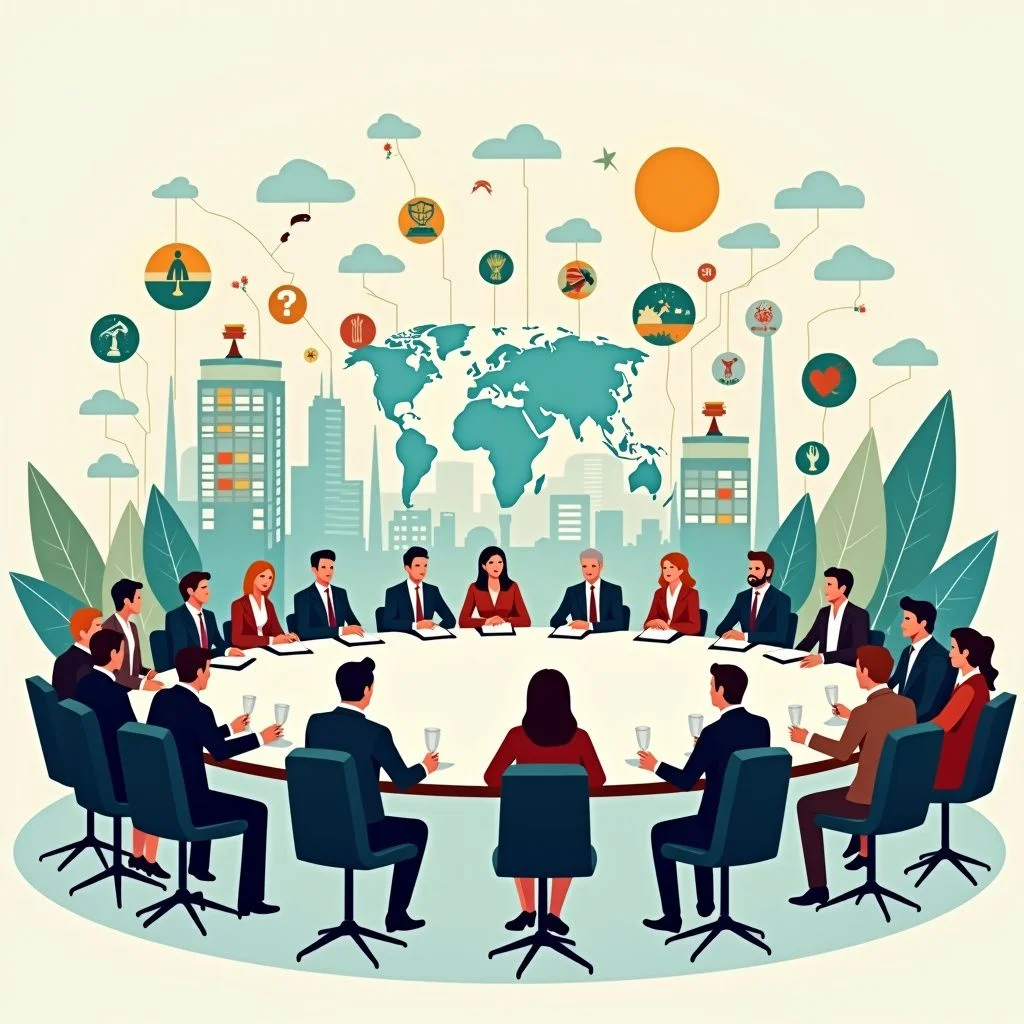 Los líderes mundiales discuten problemas globales en una conferencia de mesa redonda.