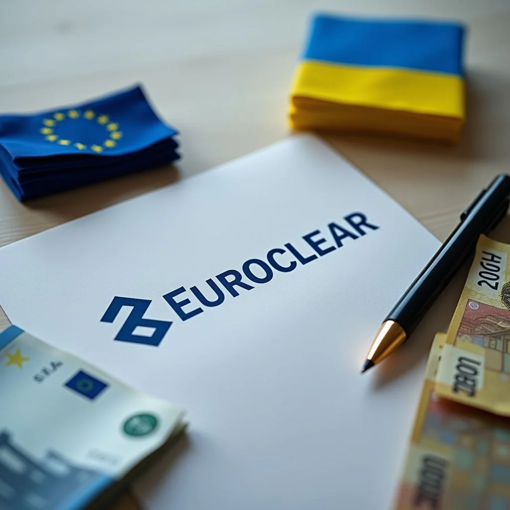 El logotipo de Euroclear Bank con las banderas de Ucrania y Rusia y euros.