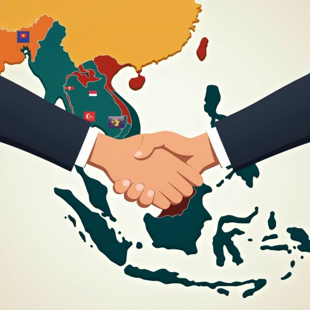 Un mapa de Asia del Sureste con banderas de miembros de ASEAN.