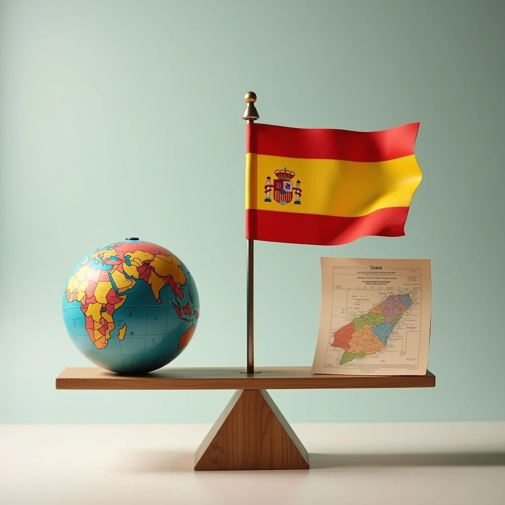 Una balanza mide un globo y una bandera nacional.